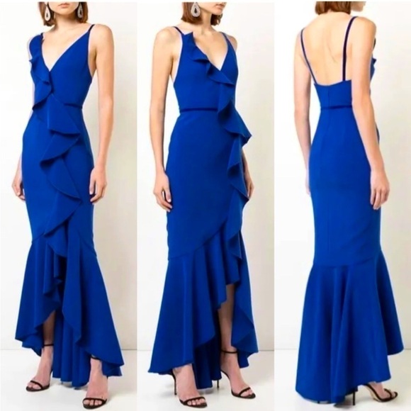 Marchesa Notte Velvet Trimmed Ruffle Cady Gown Deep V. Royal Blue Size 6 #899 - Picture 1 of 11